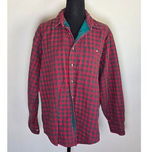 L.L.Bean Women Flannel Shirt Large Red Green Plaid USA Made Vintage outdoorsy